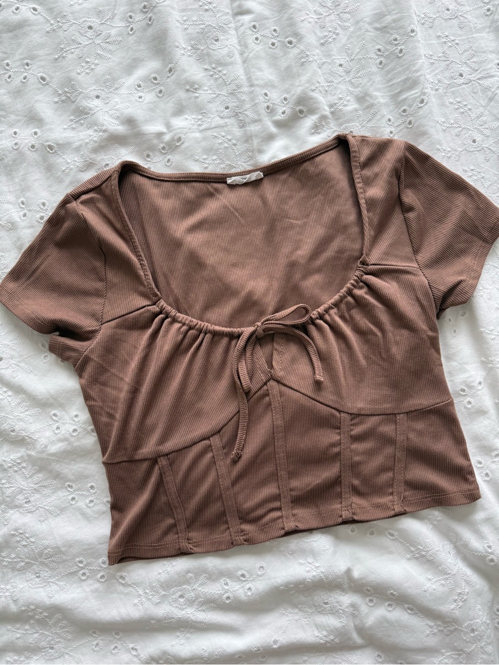 Brown Scoop Neck Ribbed Tie-Front Ultra Cropped Top